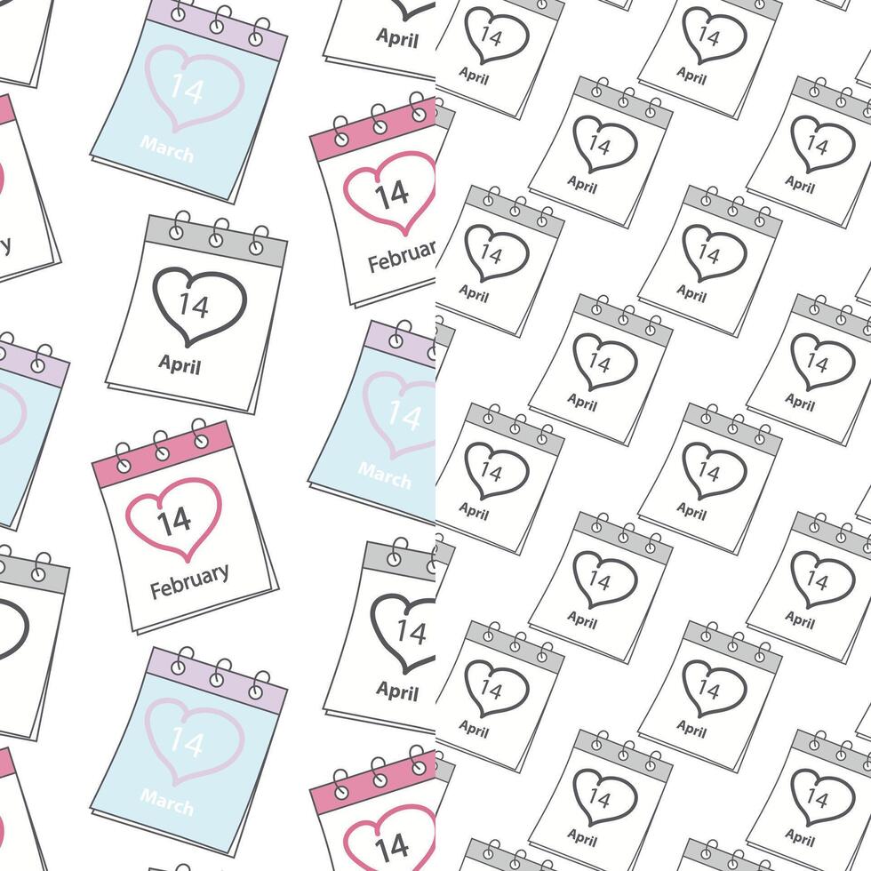 Calendar pages with St Valentines Day, White and Black Day date and outline heart Seamless pattern. Set of 2 Texture Isolate. EPS. for wallpaper, wrapping or web, cards, poster, label or price vector