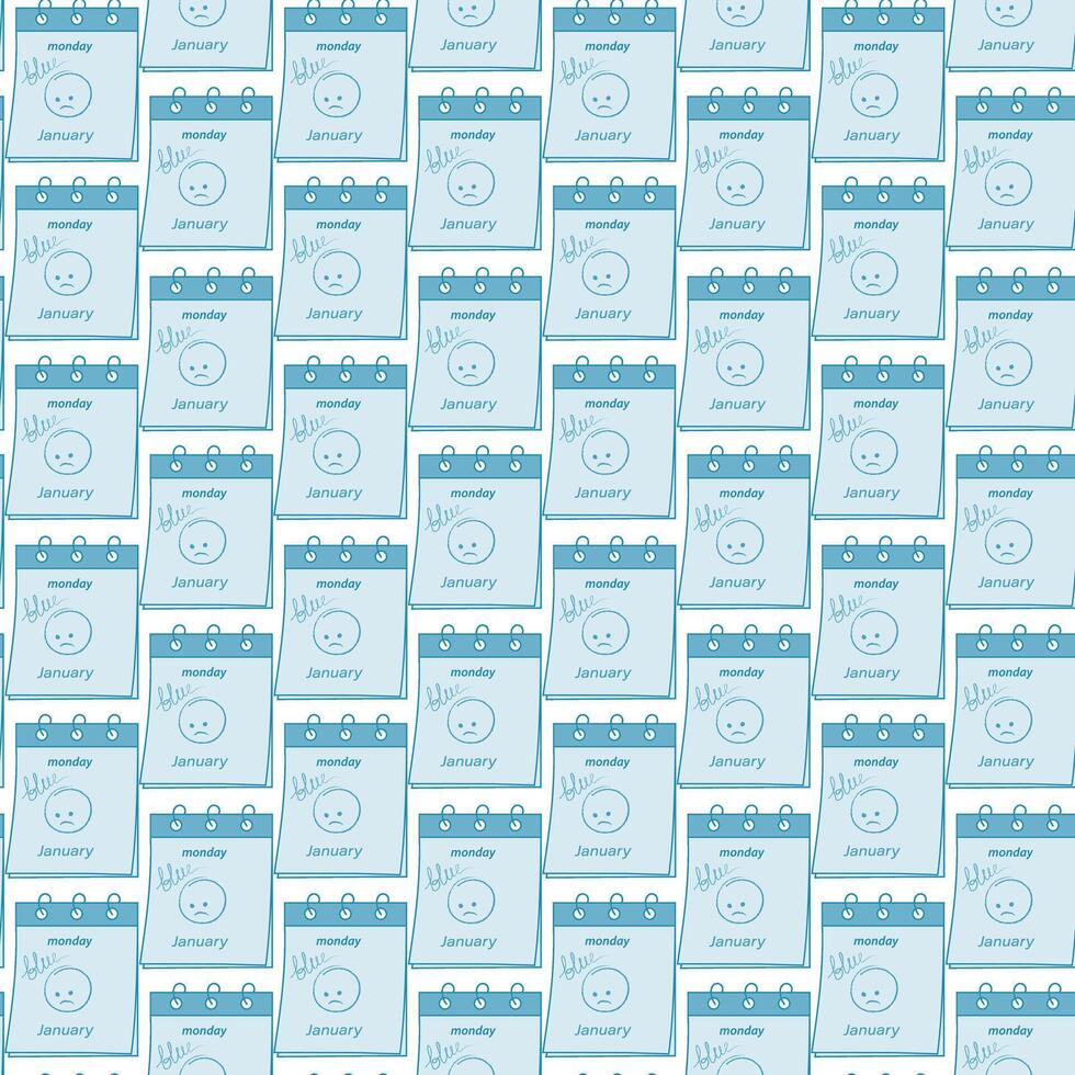 Calendar Page with Sad Emoticon and hand inscription Blue Monday Seamless pattern. Backdrop concept. Isolate EPS . Wrapping, wallpaper or web, print, textile, cards, poster, price, label idea vector