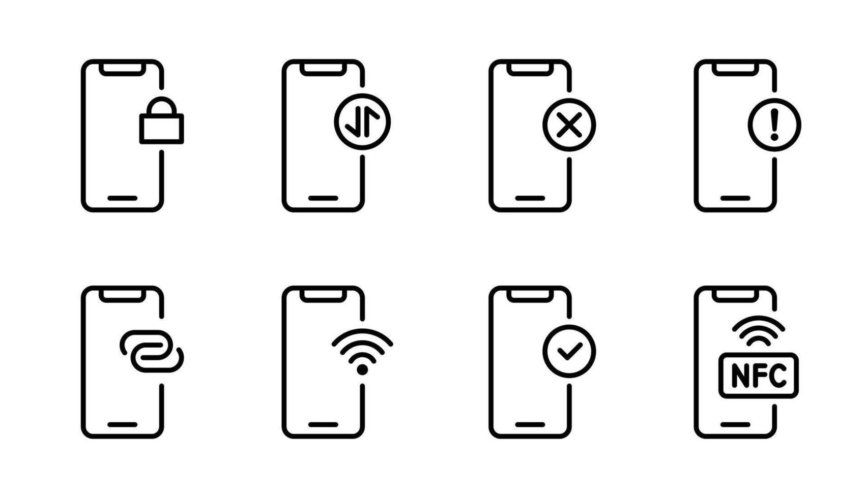 Mobile phone status icon set. Locked symbol. Wi-Fi connection. NFC contactless payment. Smartphone hotspot mode. Internet sharing pictogram. Phone notification illustration. vector