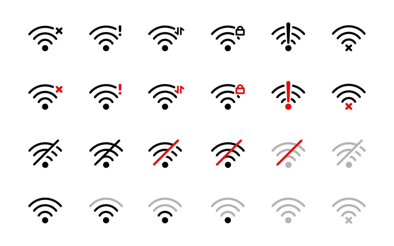 Wi-Fi connection status icon set. Lost signal symbol. Wi-fi error illustration. Network indicator icon collection. Wireless router connection status set. vector