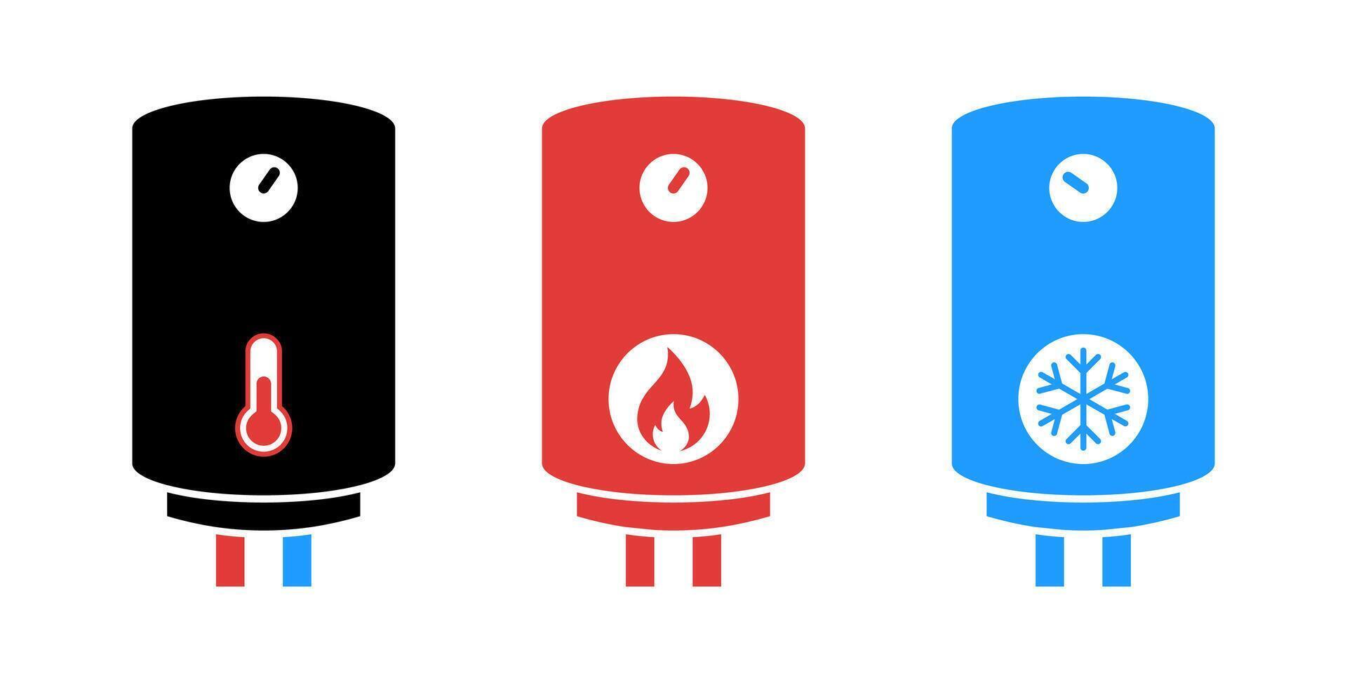 Water heater illustration. Boiler status icon set. Hot and cold water. Thermostat temperature. Climate control system. Gas tank burner. Freezer geyser. Red and blue water thermometer. vector