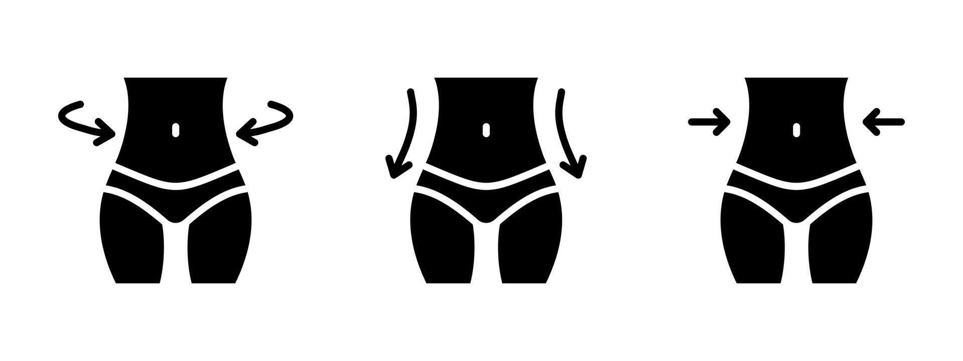 Woman weight loss icon set. Fitness body symbol. Diet control and healthy lifestyle illustration. Slim waist sign. Belly loss female silhouette. vector