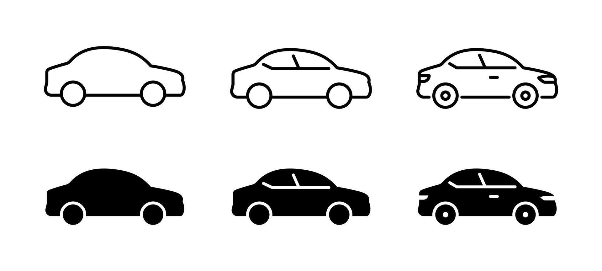 Car icon set. Simple and detailed auto symbol in different styles. Automobile illustration. Vehicle sign. Sedan silhouette. Black car graphic design concept. vector