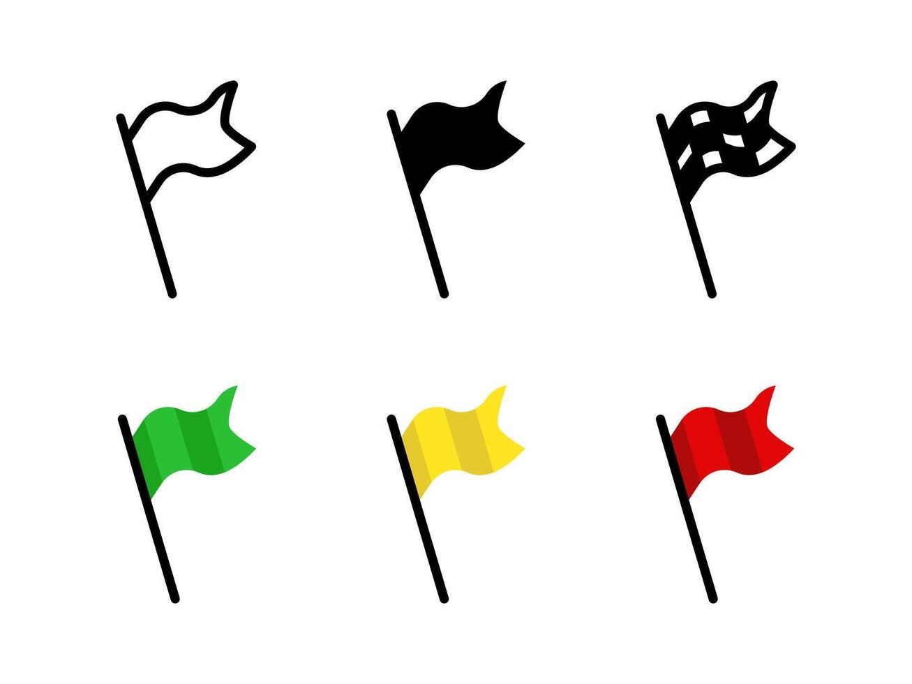 Flag icon set. Start and finish symbols. Red, green and yellow flag illustration. Checkered pennant sign. Location emblem. vector