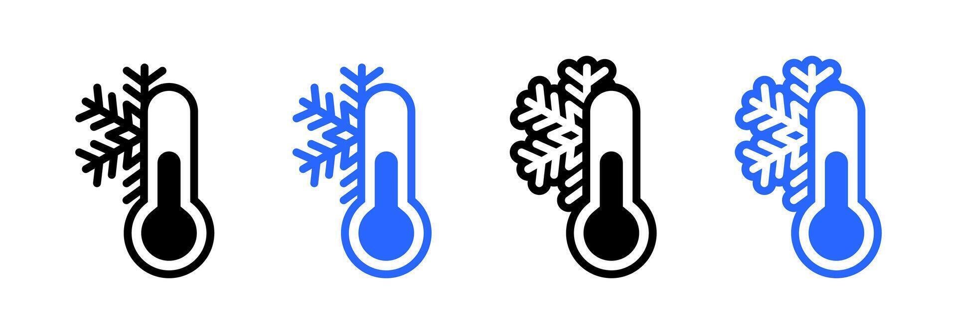 Low temperature thermometer icon. Cold snowflake thermometer symbol. Chilly weather illustration. Winter sign. Frozen label. Keep in cold pictogram. vector