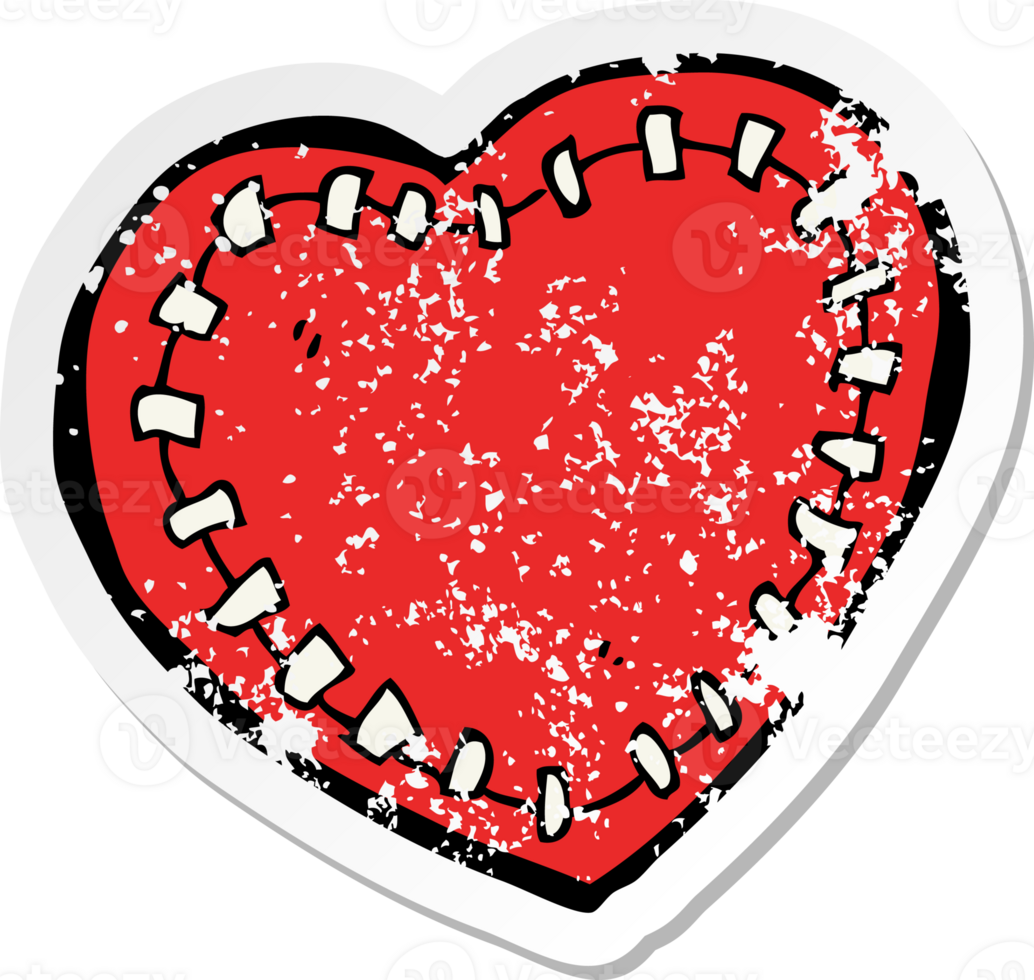 retro distressed sticker of a cartoon stitched heart drawing png