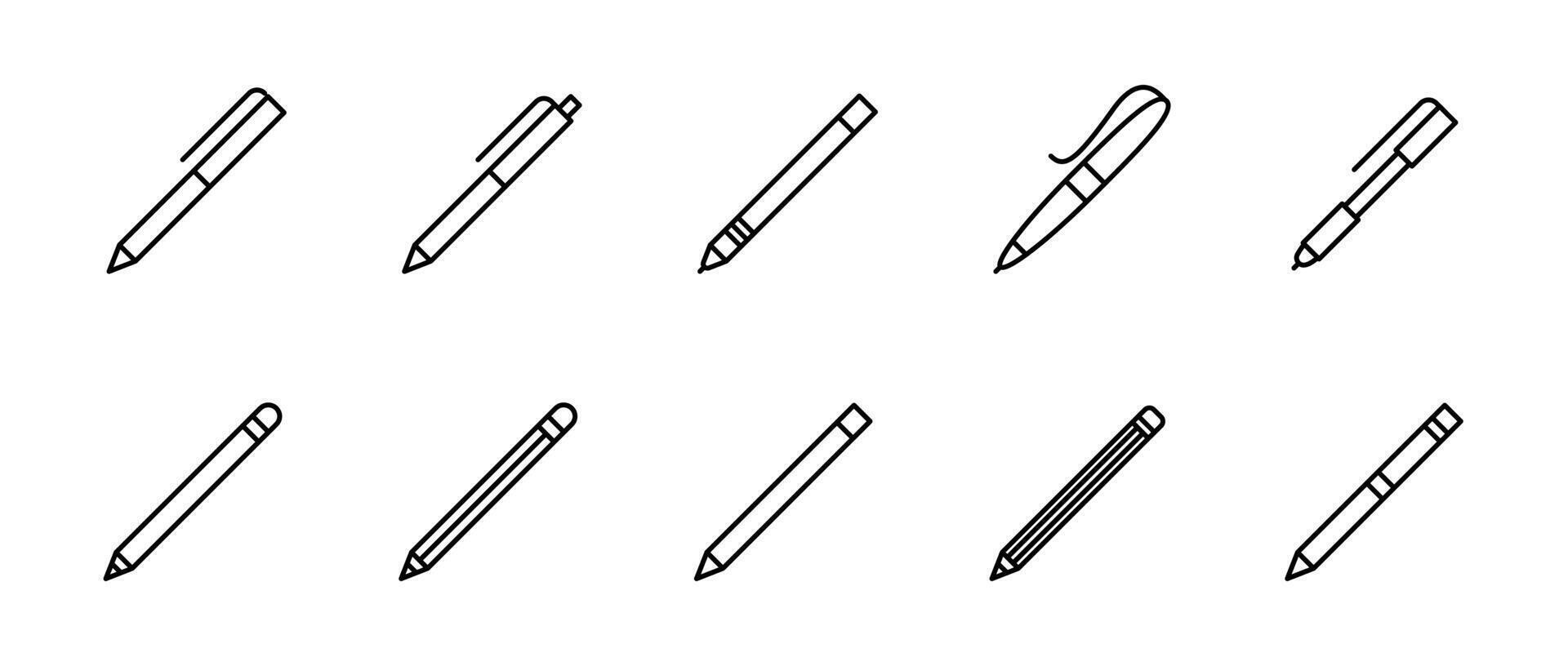 Pen and pencil classic line icon set. Marker and crayon drawing symbol. Sketching tools illustration. Pens and pencils icons. vector