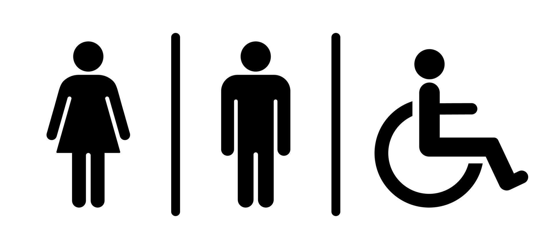 WC room icon. Man, woman and disabled silhouette. Male, female and unisex toilet. Handicapped symbol. Bathroom sign. vector