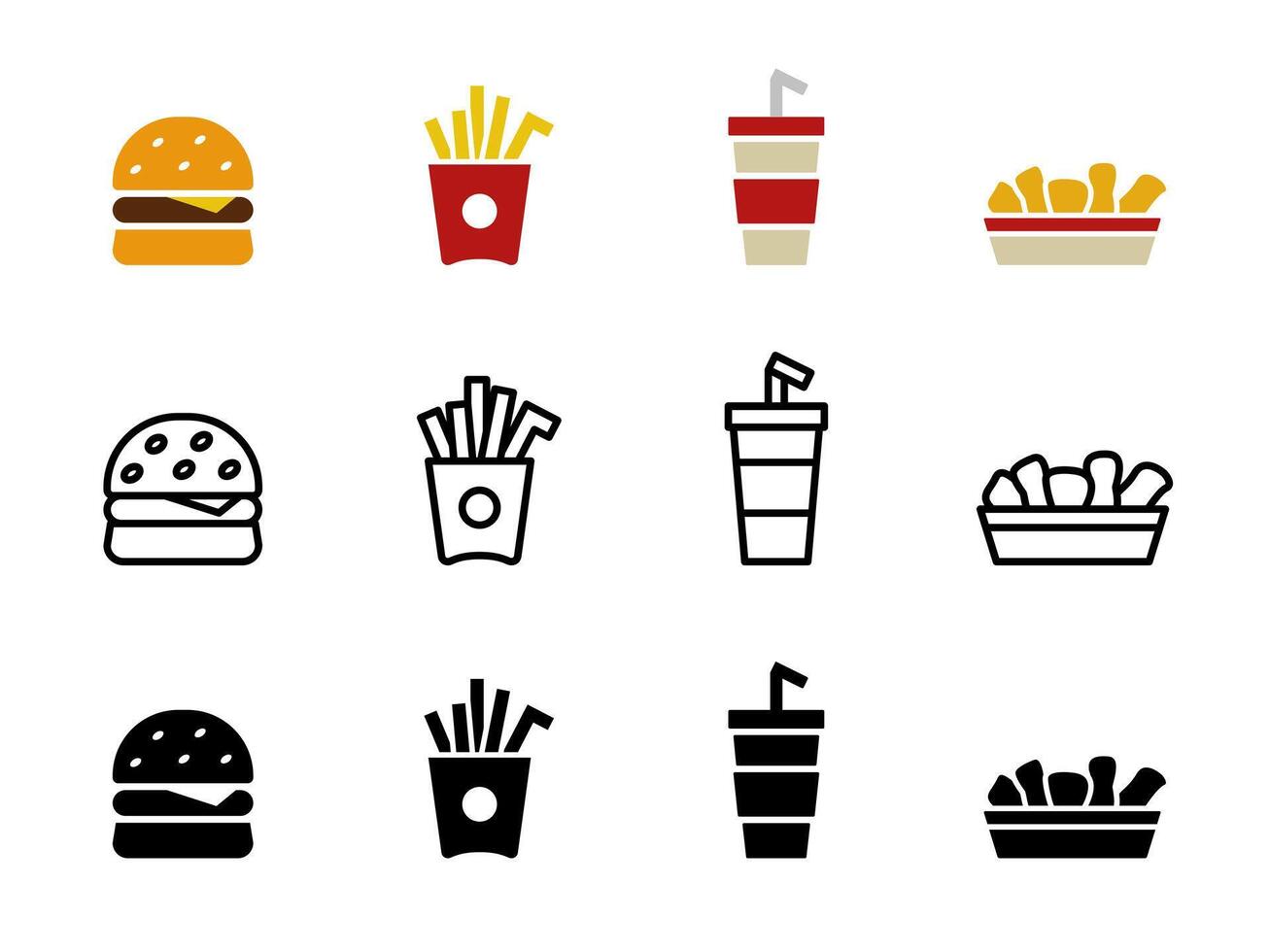 Fast food icon set. Burger symbol. French fries sign. Chicken nuggets illustration. Coke soda bottle. Snack icon set. Eatery logo. vector