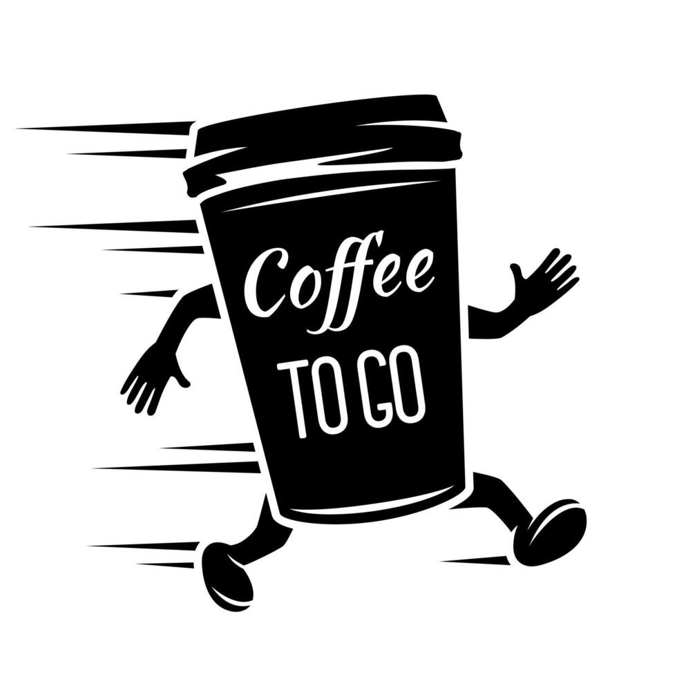 Coffee to go illustration. Coffee take away emblem for cafe advertising. Hot drink vintage banner with walking cartoon character and creative lettering. Coffee to go emblem design. vector