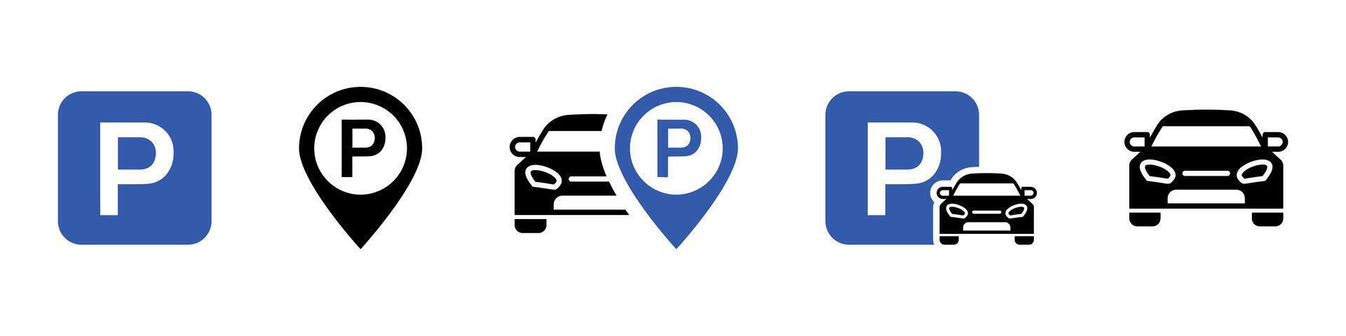 Parking icon set. Car park public area symbol. Parking road sign. Automobile illustration. vector