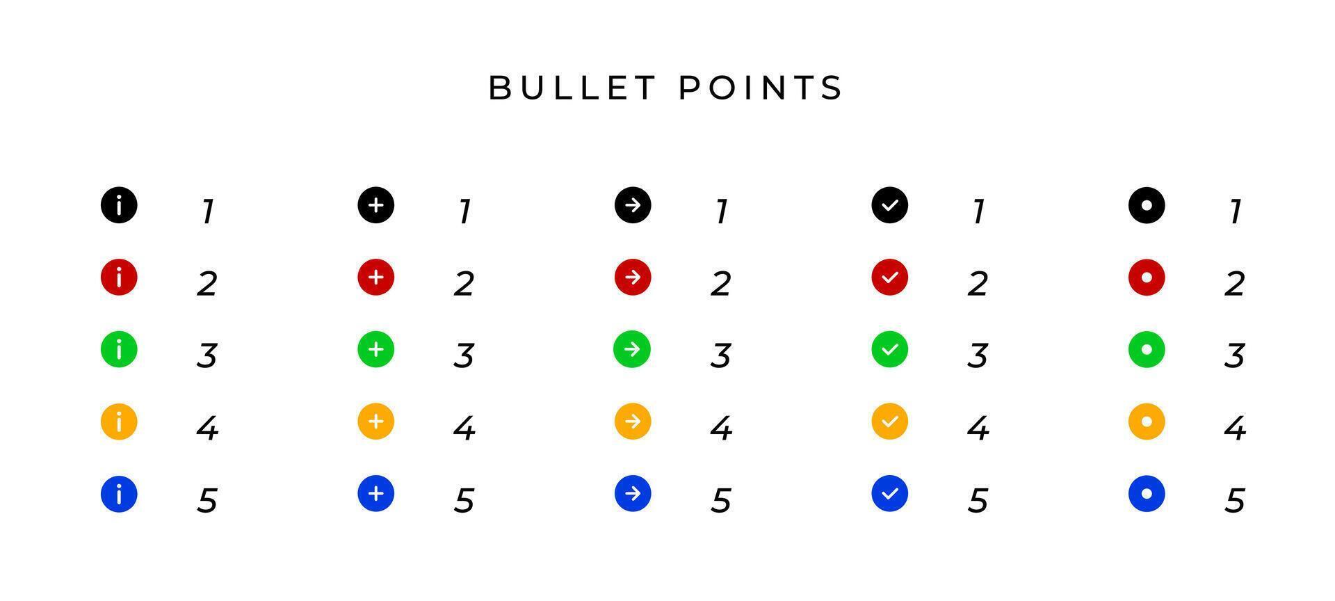 Bullet points icon set. Colored marker list illustration. Infographic elements collection. Circle step symbols. vector