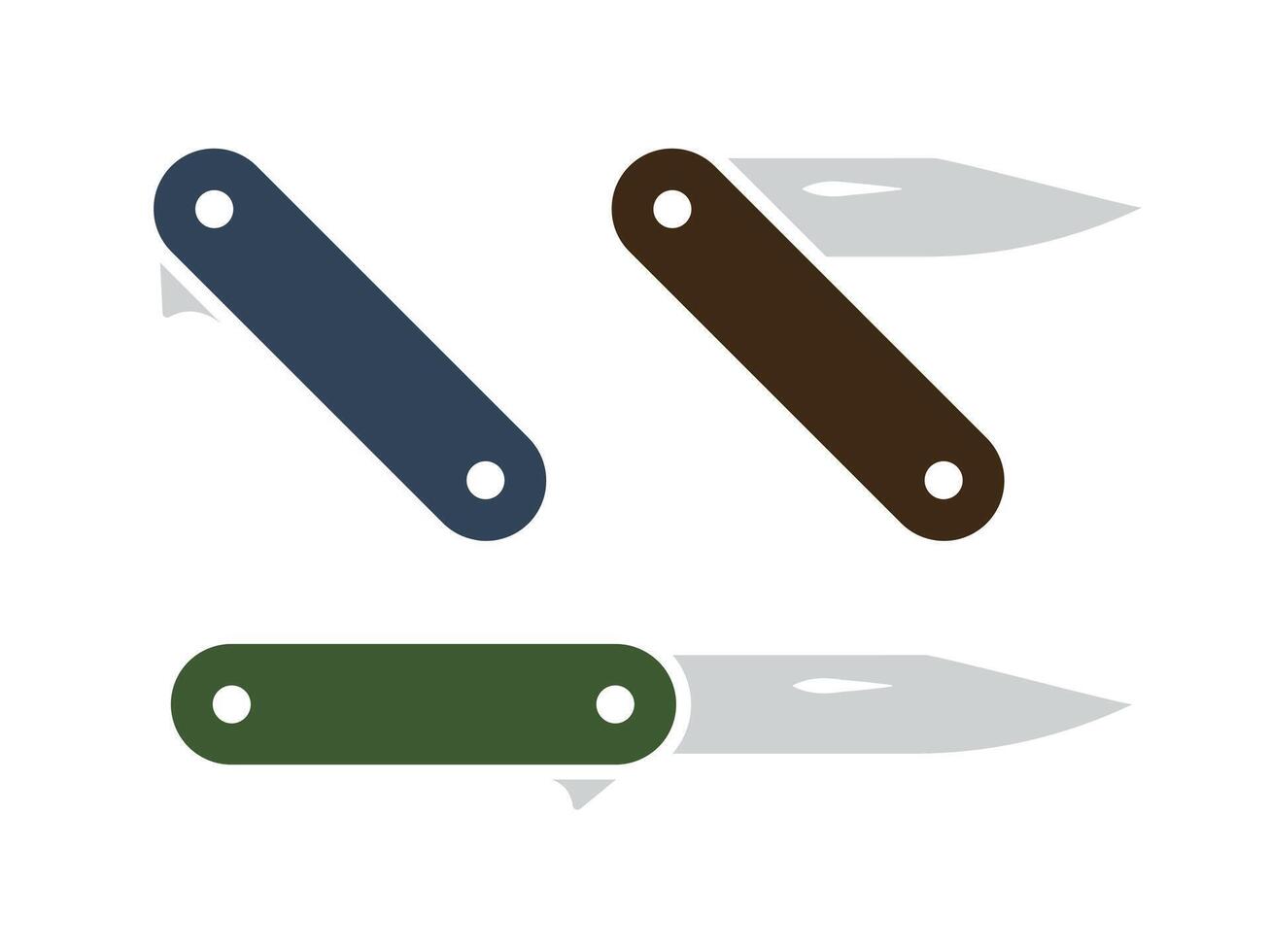 Folding knife with colored handle icon set. Pocket knife illustration. Sharp blade opener symbol. Camping equipment icon. vector