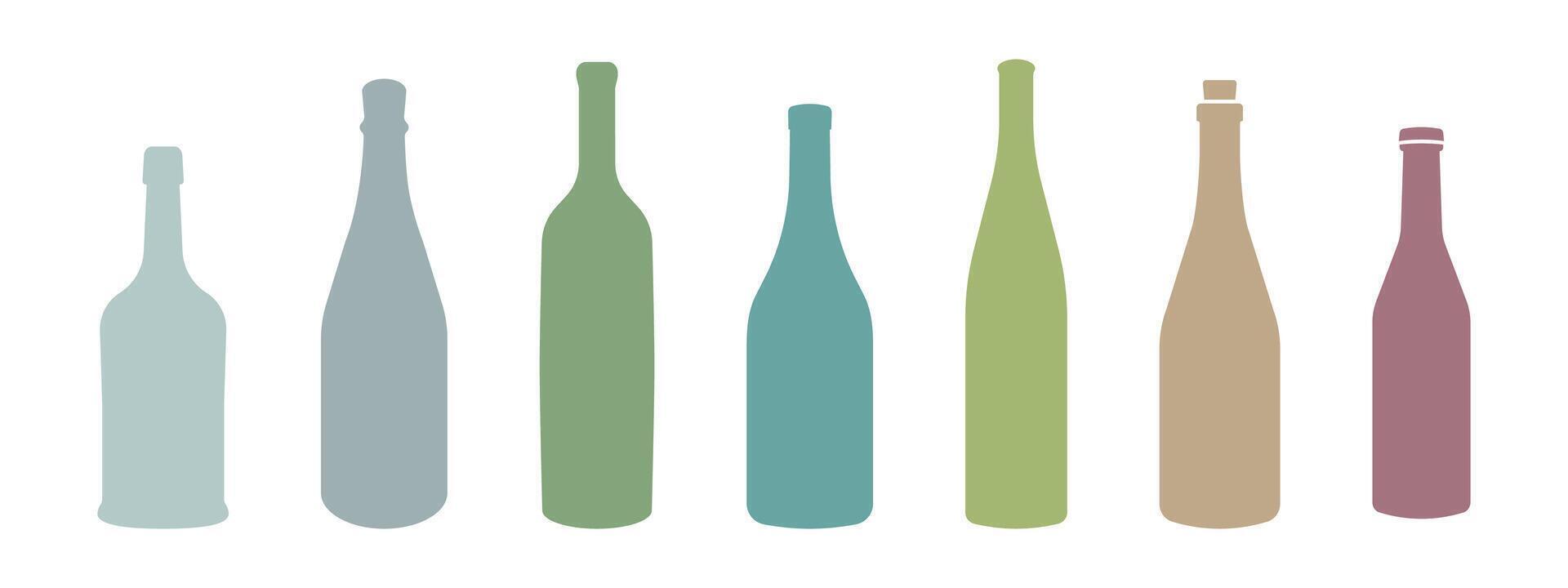 Wine bottle types illustrations set. Alcohol glasses abstract silhouette collection. Glass bottle types. Different colored flat filled icon set. vector