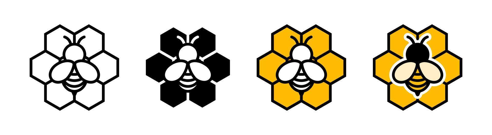 Bee at the honeycomb illustration. Bee icon. Honey symbol. Honeycomb sign. Hive logo. Apiculture beehive sign. Bumblebee pictogram. vector