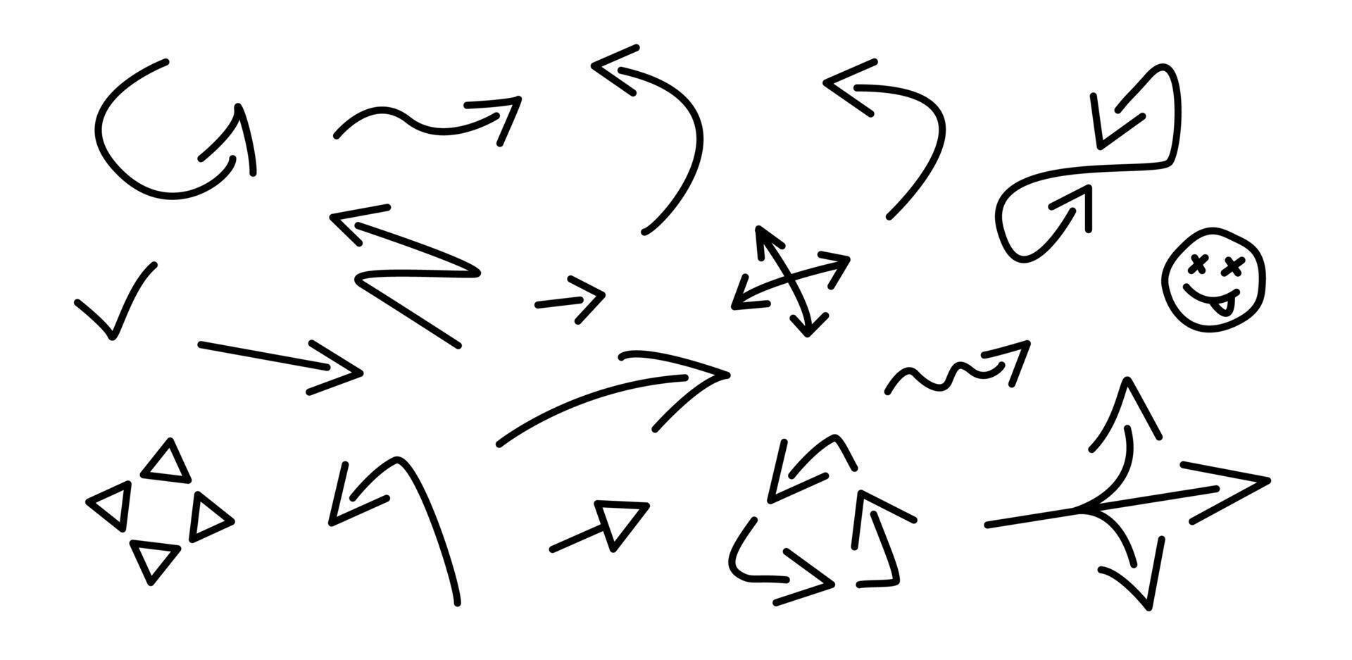 Hand-drawn scribble arrows collection. Curve element graphic illustrations. Line hand drawn arrow shape set isolated. vector