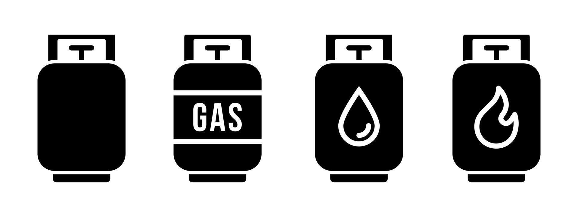 Gas tank icon set. Propane cylinder black symbol. Fuel canister pictogram. Petrol tank illustration. LPG or compressed methane filled icon. vector