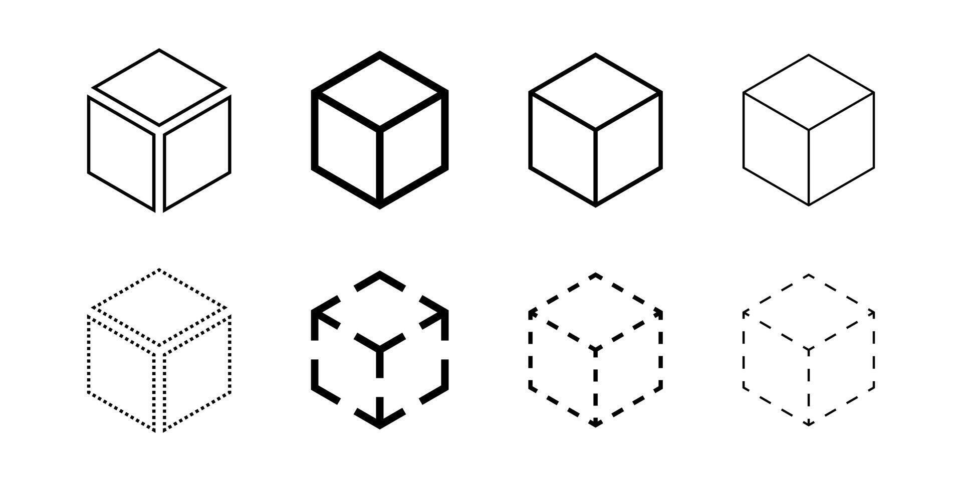 Isometric abstract cube icon set. Geometric block, box or brick logo. Dotted, dashed, outline, solid illustrations. Wireframe 3d sign. Square three-dimensional frame. vector