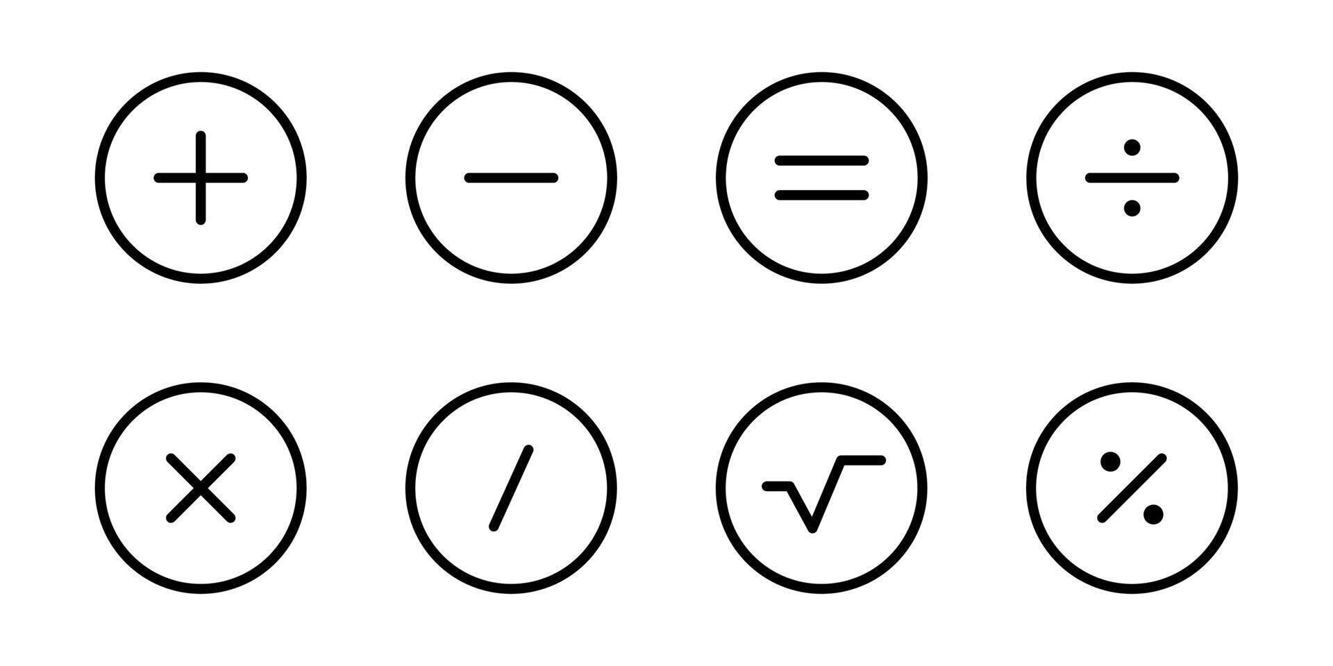 Calculator buttons icon set. Plus, minus and equals symbols. Multiply and divide illustrations. Estimate and calculate mathematic icon set. vector