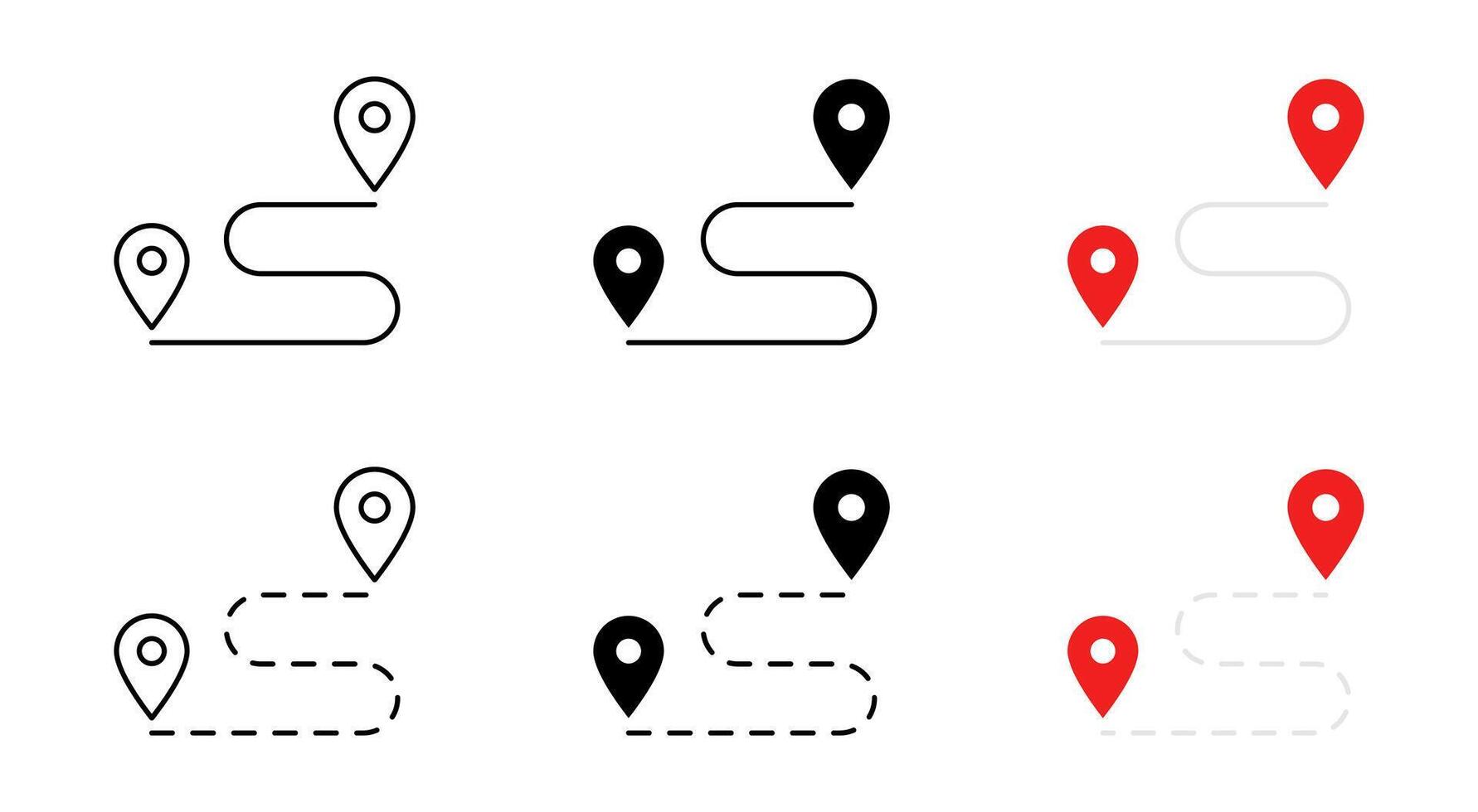 Map route icon. Roadmap symbol. Navigation pointer signs. Destination, journey, travel, path, location pin. Distance, geo, highway marker. Itinerary illustration. Red colored style. vector