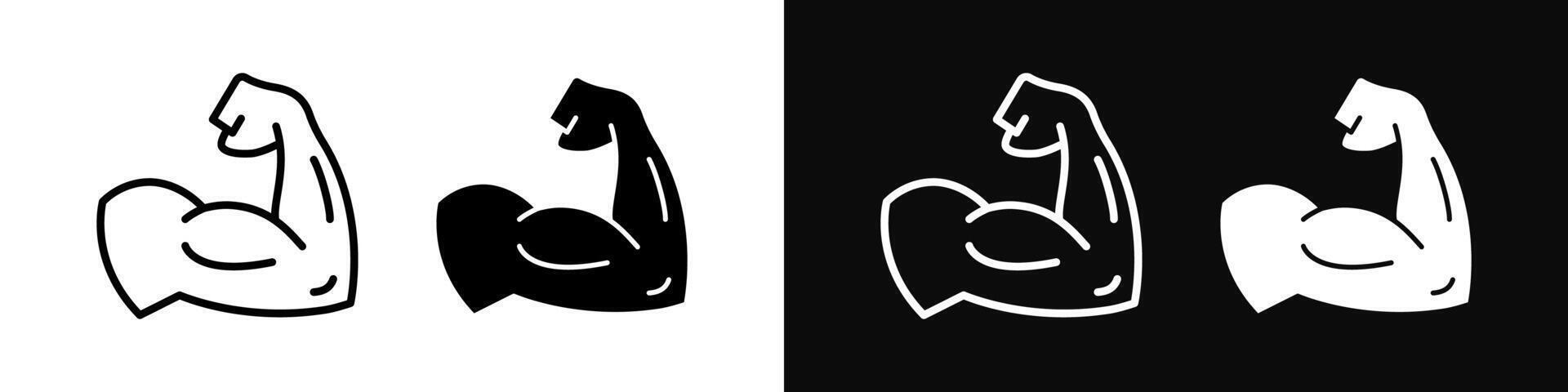 Muscle icon. Bicep symbol. Strong arm illustration. Gym logo. Bodybuilding fitness concept. Athlete flexing hand sign. Muscular power pictogram on a white and black background. vector