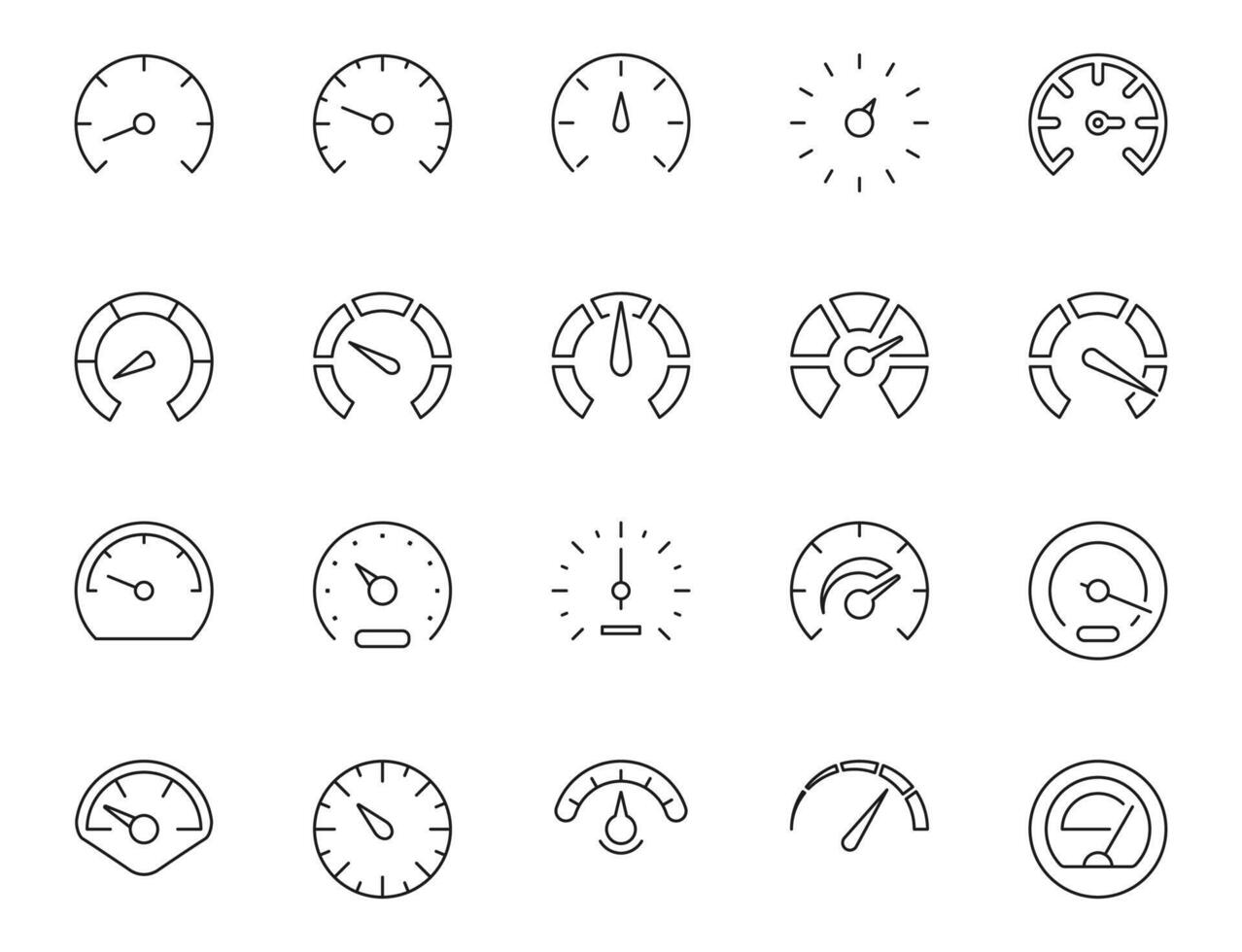 Speedometer icon set. Speed indicator sign. Performance control panel symbol. Gauge or dashboard level illustration. vector
