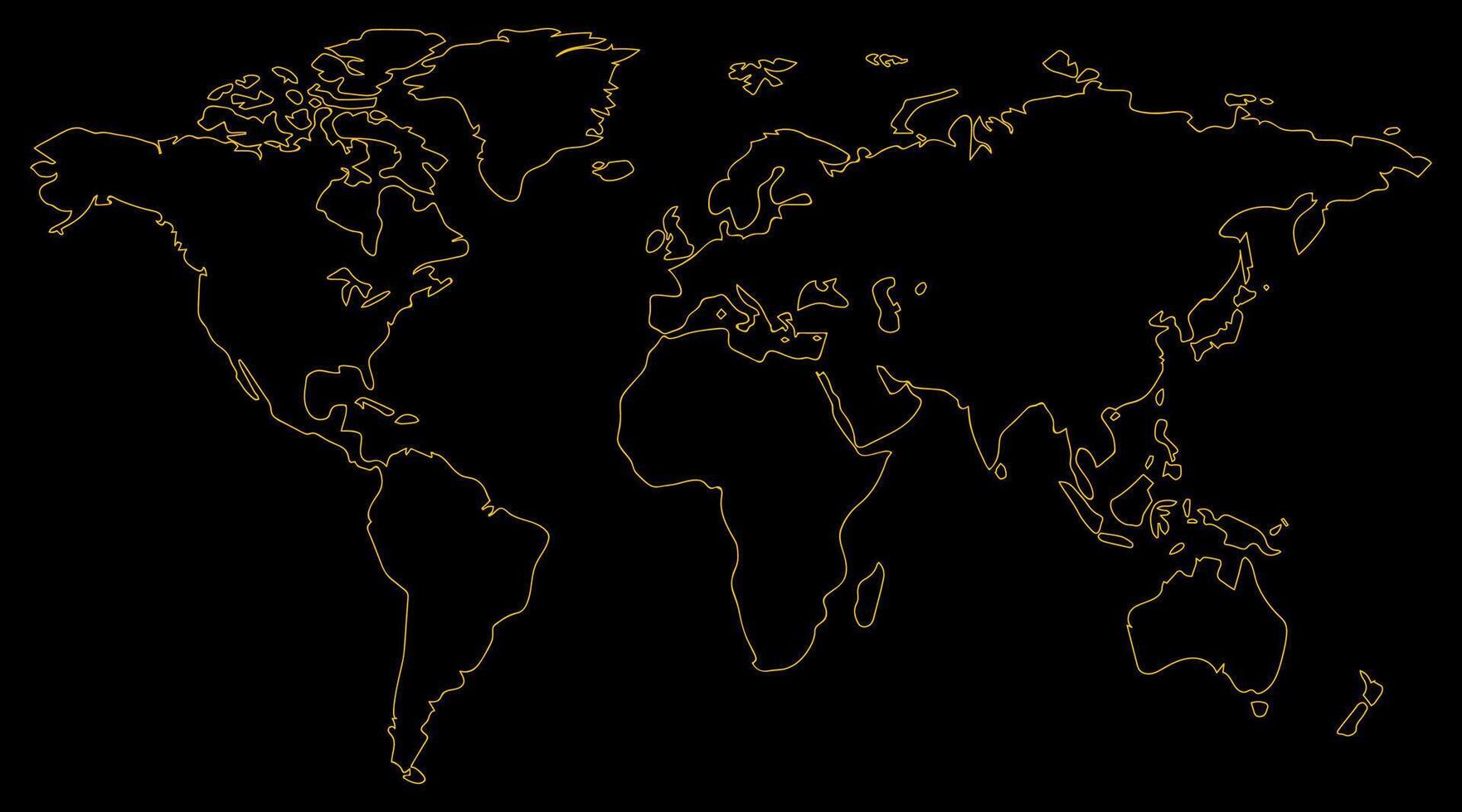 Outline yellow world map illustration on black background. Contour global Earth map. Line cartography background. Atlas silhouette wallpaper. vector