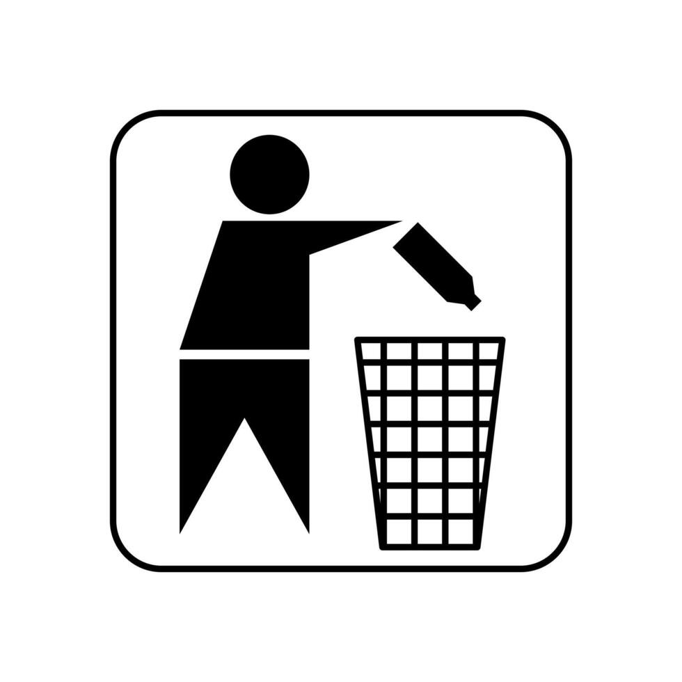 Tidyman icon. Packing dispose, waste recycling, trash can symbol. Do not litter sign. Person throwing a bottle into a bin. Keep clean warning, label, badge or sticker. vector