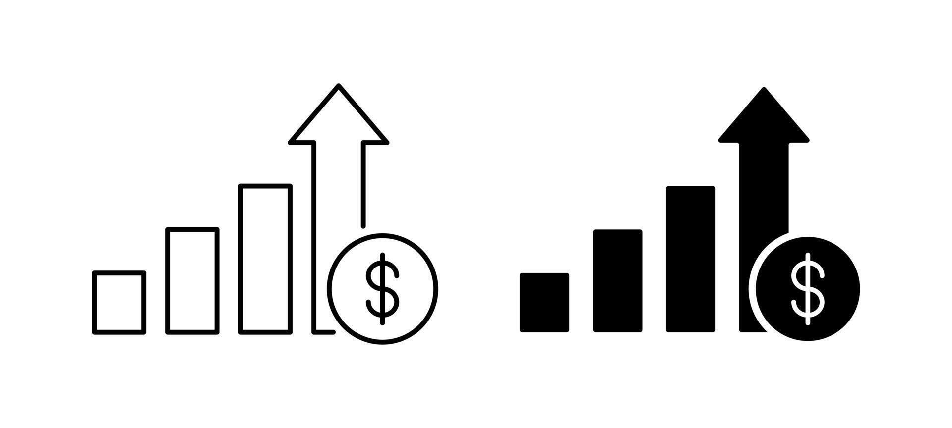 Money growth or revenue icon. Investment income, gain, profit, earning increase symbol. Financial chart, business success, stock progress sign. Growing arrow illustration. vector