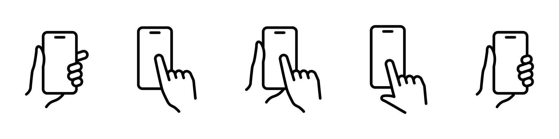 Hand holding phone icon. Swipe illustration set. Mobile touch screen isolated. vector