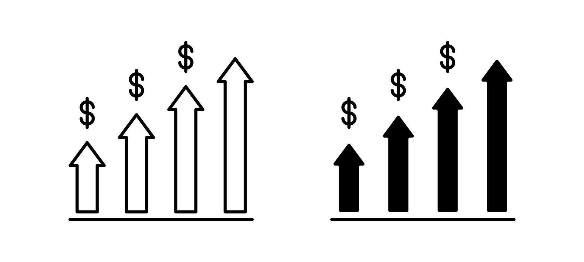 Money growth or revenue icon. Investment income, gain, profit, earning increase symbol. Financial chart, business success, stock progress sign. Growing dollar arrows illustration. vector