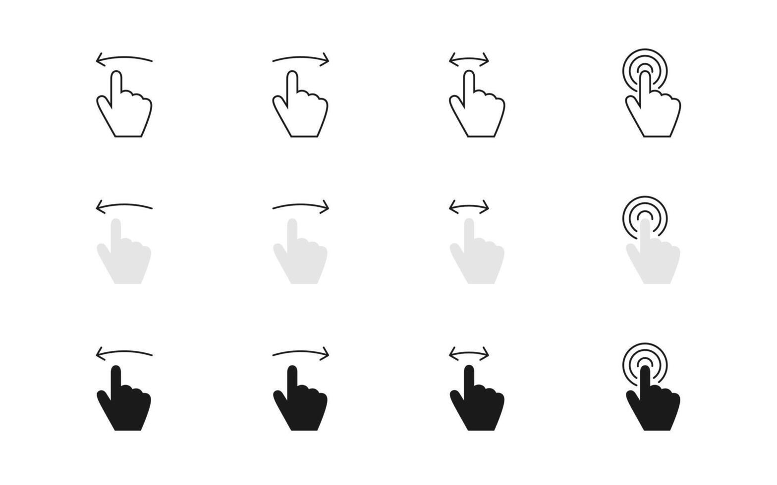 Swipe icon set. Left, right and click hand gesture illustration. Drag and move arrow sign. Touch, slide, scroll and tap pointer symbol. Advertising action swipe button for web or application. vector