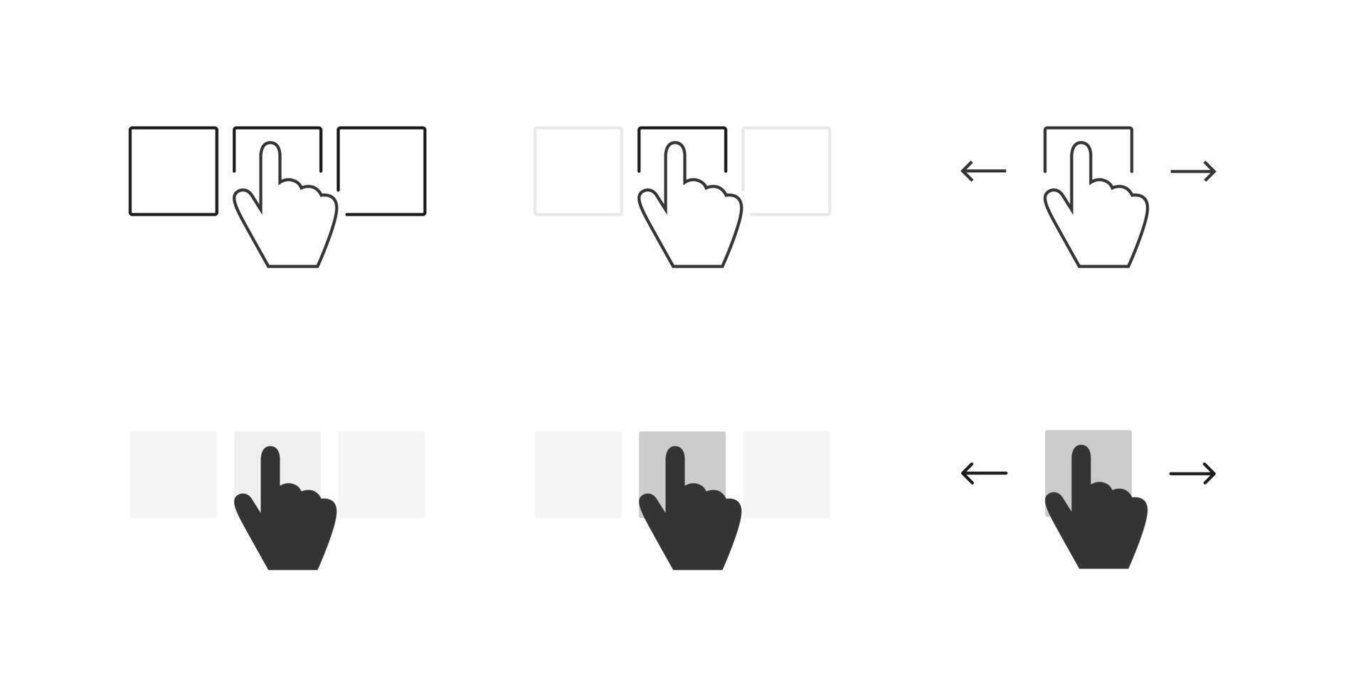 Leaf through gesture icon set. Turn or swipe symbol. Drag and move hand sign. Slide, scroll, click or tap illustration. Advertising or ecommerce action button. vector