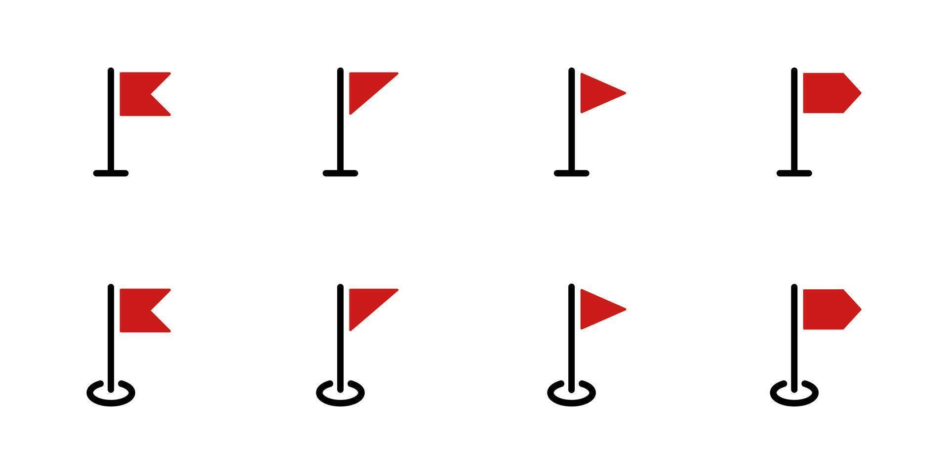 Flag marker red icon set. Start and finish simple signs. Pennant, pole, pointer, location and event symbol. Navigation, direction and destination illustration. vector