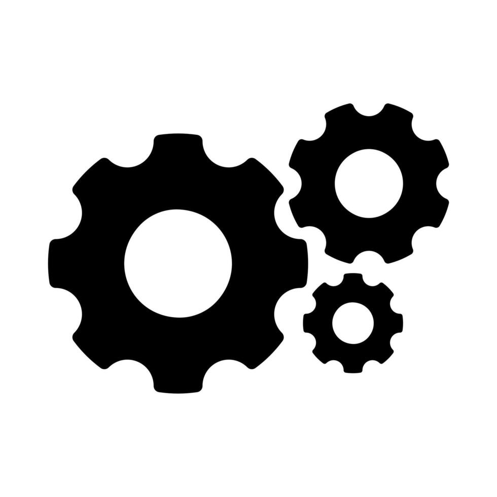 Cogwheel group filled black icon. Three cogs mechanism factory illustration. Industrial machine and engine sign. Clockwork technology symbol. Settings or teamwork web pictogram. vector