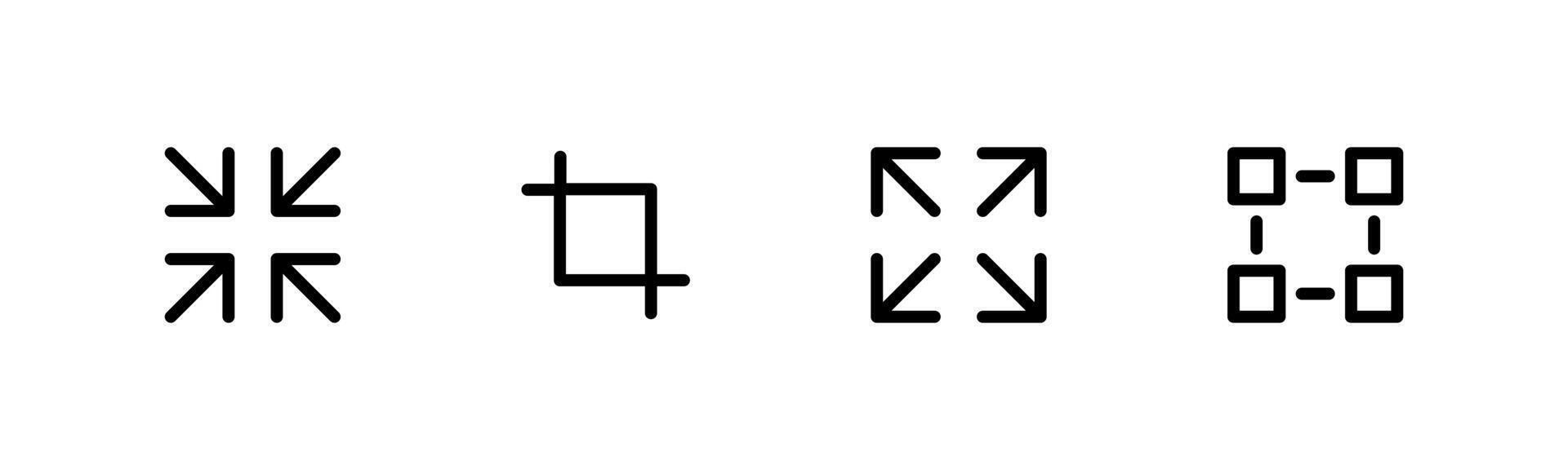 Expand size icon. Enlarge symbol. Trim view illustration. Crop image icon set. Scale pictogram. Full screen sign. vector