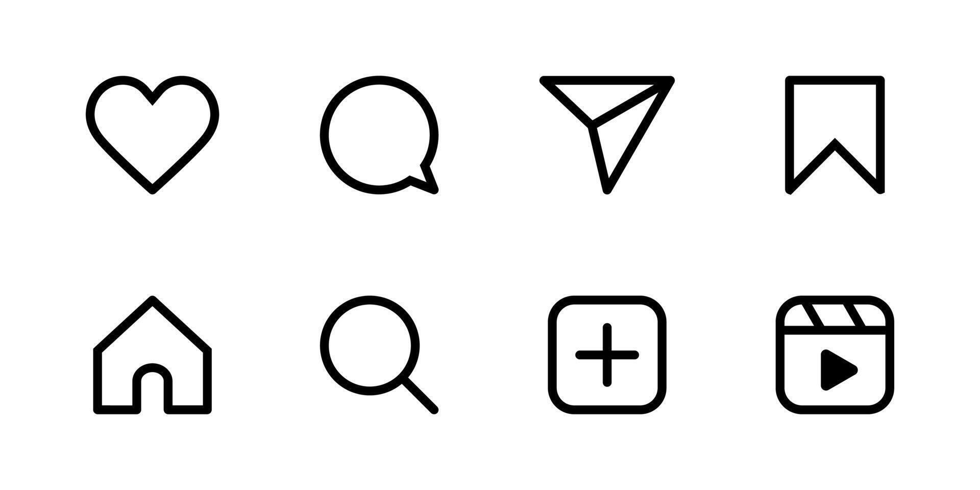 Like, comment and share icon set for social media network. Reels symbol. Mobile app interface icon set. Home, message and post buttons. Direct illustration. vector