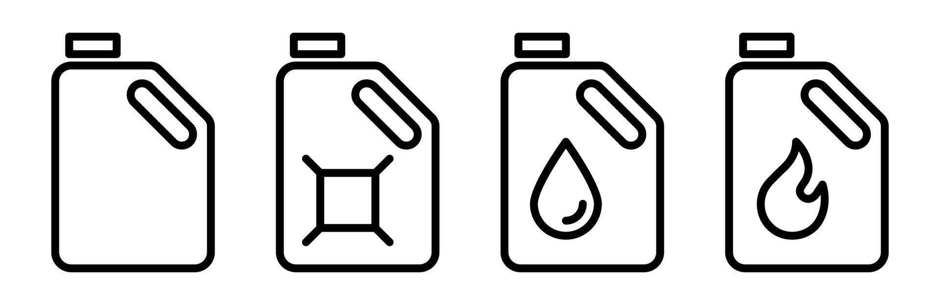 Machine oil canister icon set. Engine oil tank symbol. Fuel canister illustration. Petrol gallon icon. Gasoline jerrycan pictogram. vector