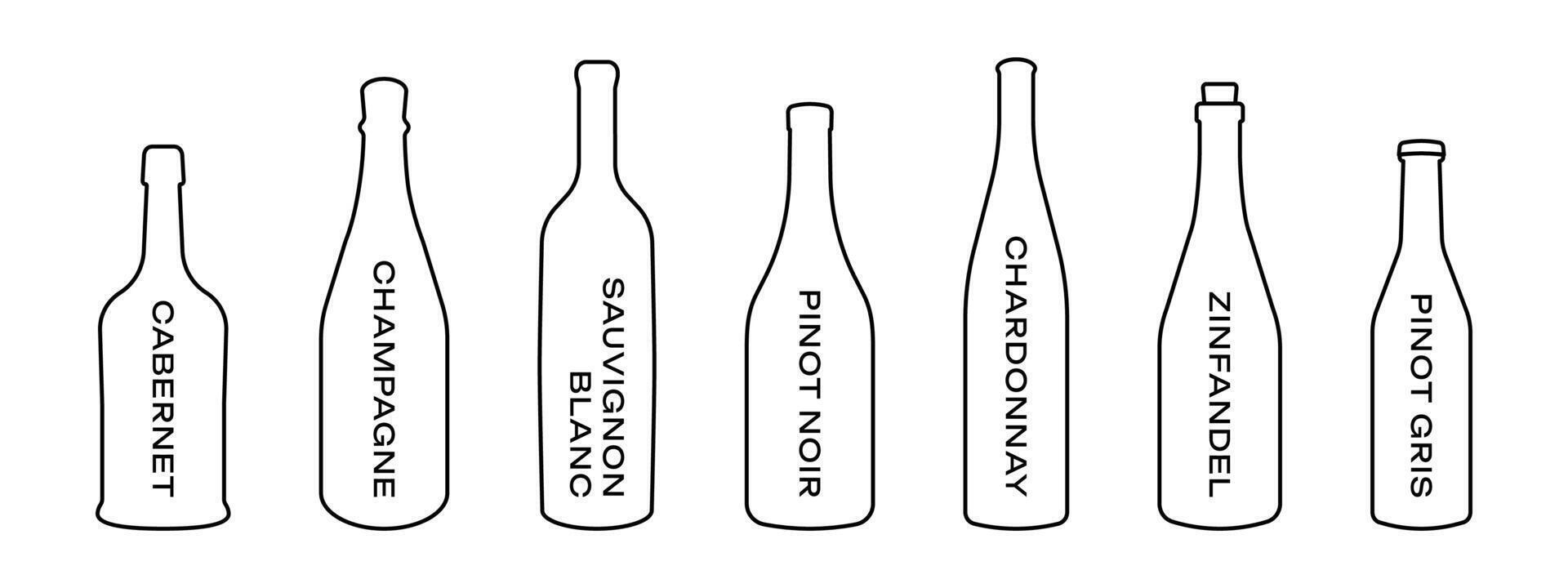 Wine bar menu illustration. Wine types collection. Alcohol bottles icon set. Champagne bottle symbol. Sauvignon, chardonnay, cabernet and zinfandel outline design. vector