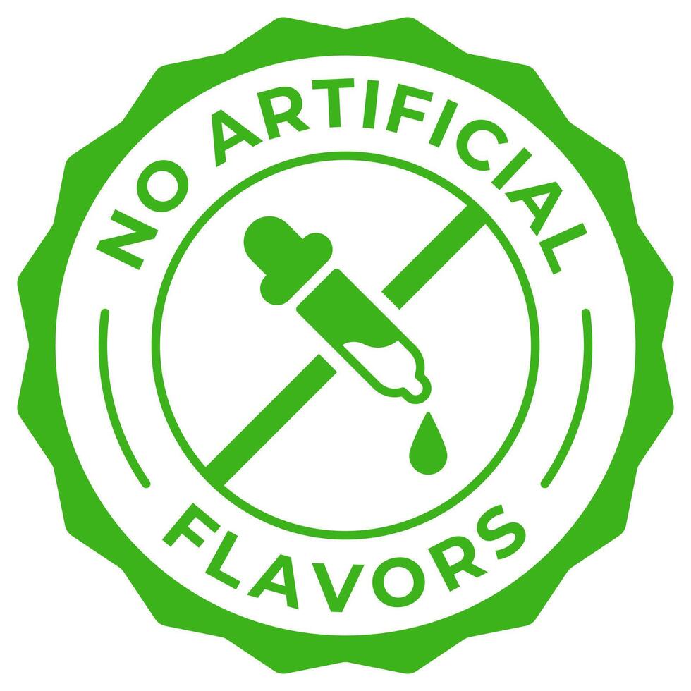 No artificial flavors label icon illustration. No additive flavors green logo, symbol, badge, tag or emblem isolated. Natural stamp, seal, sticker, mark or tag. vector