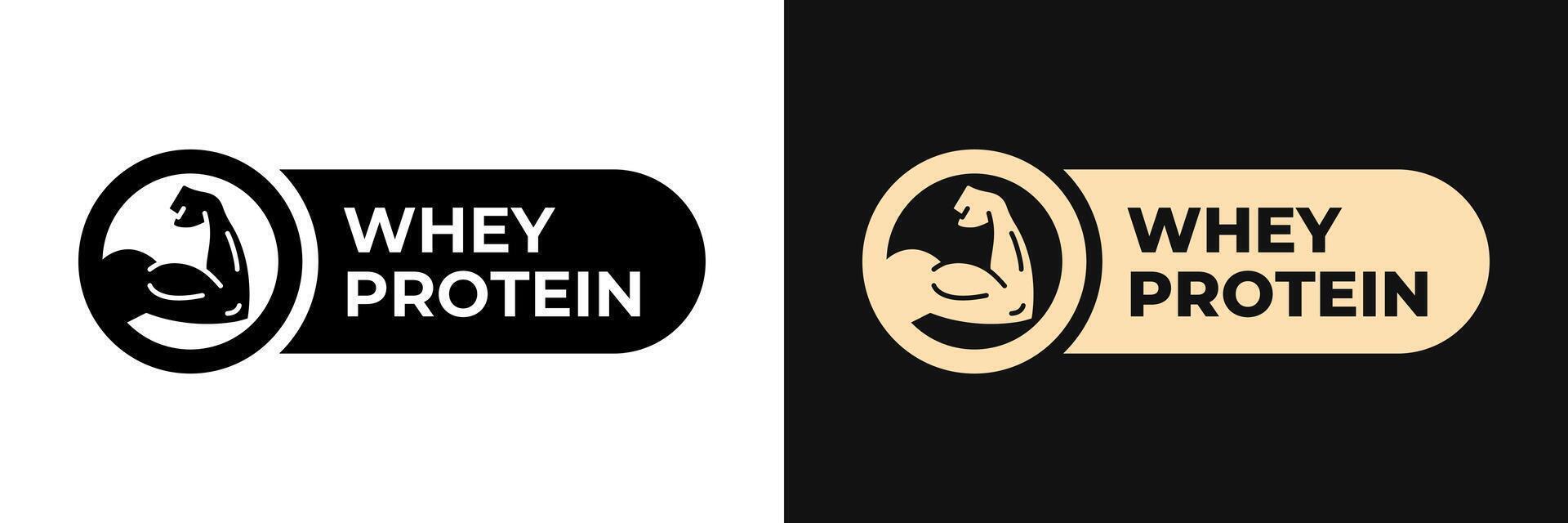 Premium Whey Protein label design. High Protein product icon gold illustration, logo, symbol, sign, stamp, tag, emblem, mark or seal for package. Rich source of fiber sticker. vector