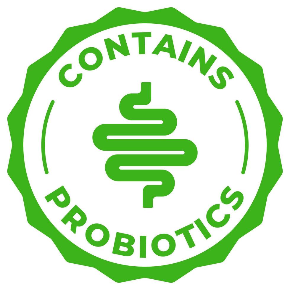 Contains probiotics microflora label icon illustration. Prebiotics green logo, symbol, badge, tag, stamp, seal. Yogurt or dairy sticker, mark, tag or emblem isolated. vector