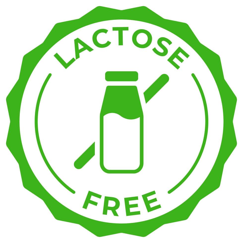 Lactose free label icon illustration. Dairy free green logo, symbol, badge, tag or emblem isolated in circle design. Non lactose product stamp, seal, sticker, mark or tag. vector