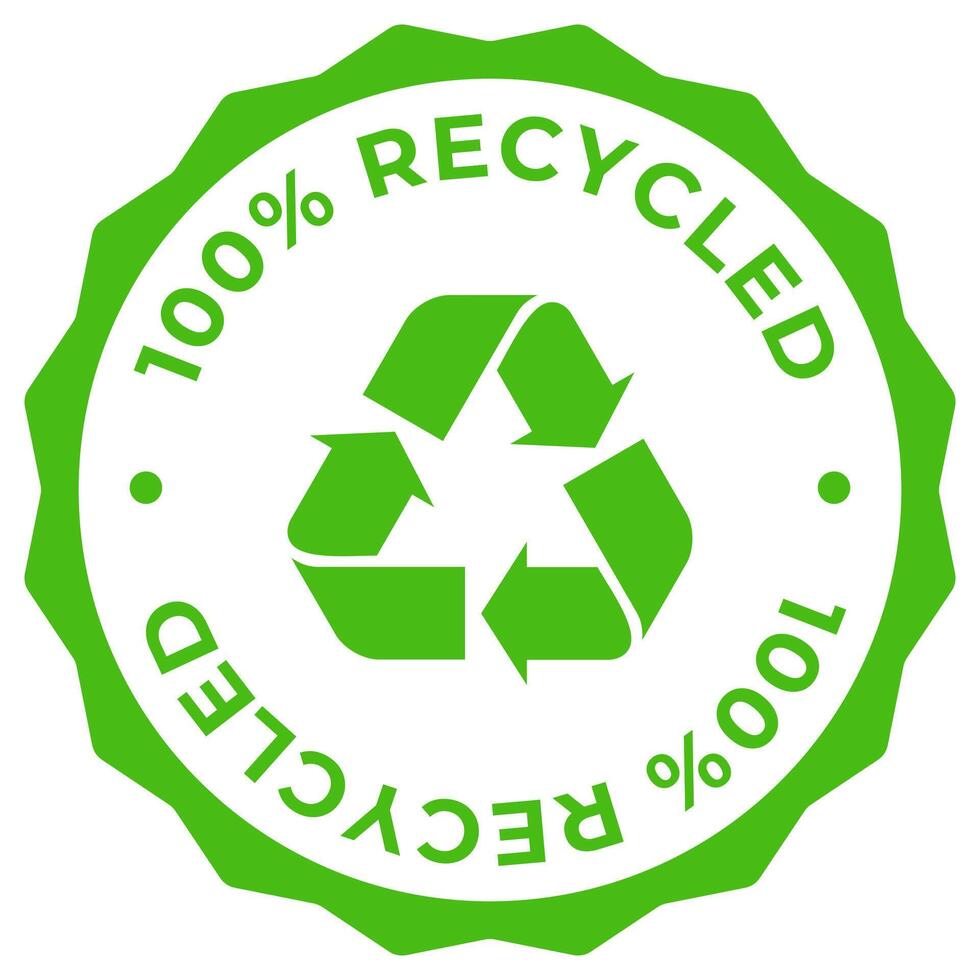 Recycled 100 label icon illustration. Made from recycled materials green logo, symbol, badge, tag or emblem isolated. Zero waste plastic stamp, seal, sticker, mark or tag. vector