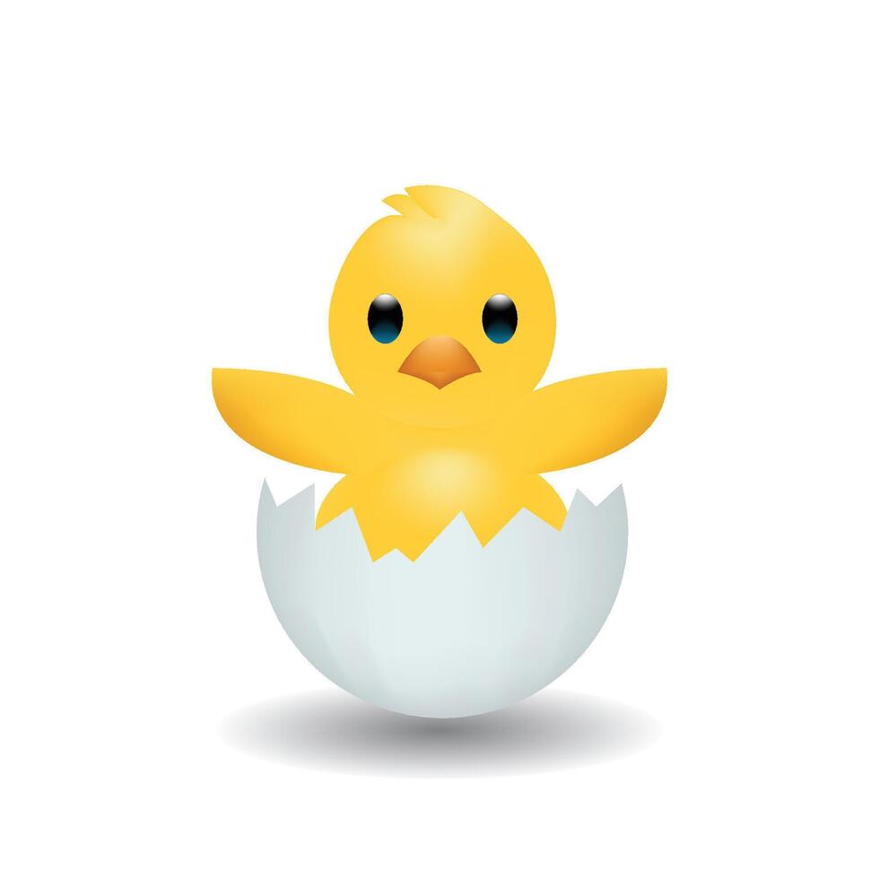 Funny yellow newborn chicken in broken egg shell, cute emoji character Illustration. vector