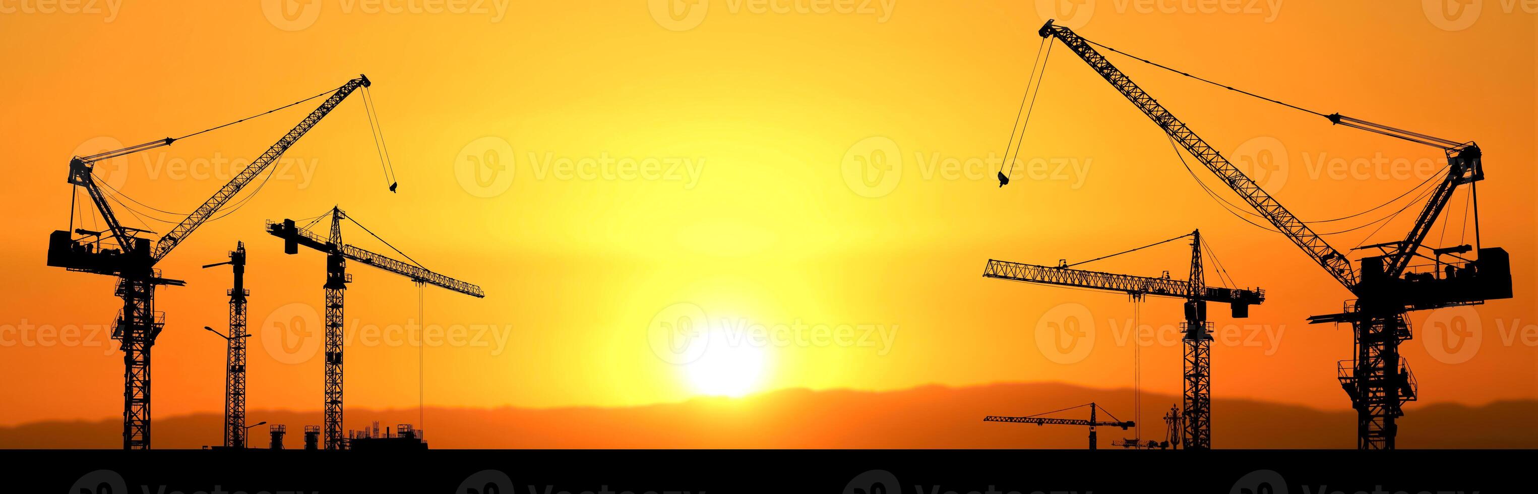 Silhouetted Construction Cranes at Sunset with Golden Sky and Mountains in Background, Industrial Development, Urban Growth, and Infrastructure Concept photo