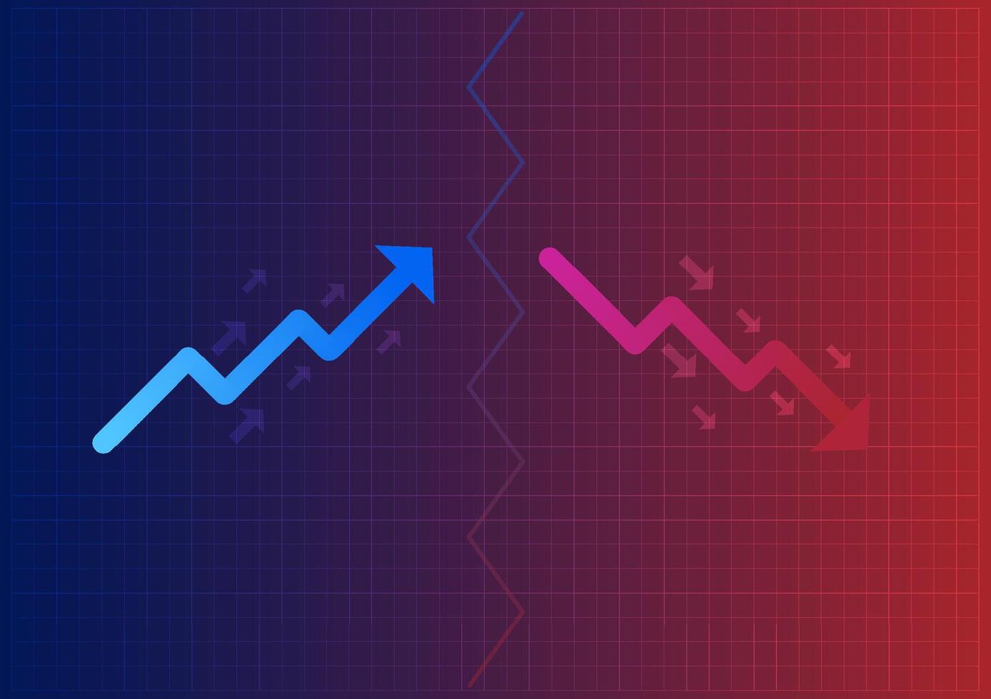 Stock and investment concept. The upper arrow cross lower arrow with table red and blue background. Burish market, profit of wealth. Losing money and cash. vector