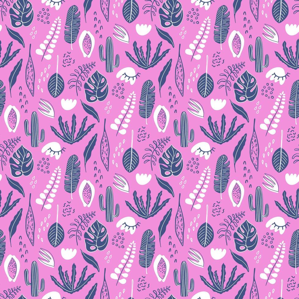Cute seamless pattern with tropical plants. Naive art hand drawn textures, leaves and flowers on pink backdrop. Bright modern background. Hand drawn illustration. vector
