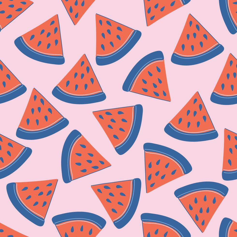 Seamless pattern with watermelon slices. Retro style Fruits background. Flat style illustration. vector