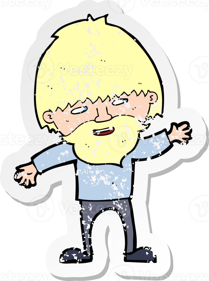 retro distressed sticker of a cartoon happy bearded man waving drawing png